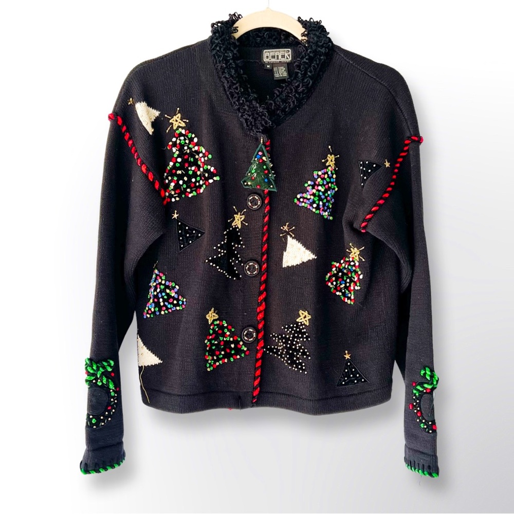 Berek Black Vintage Takako Sakon Christmas Embellished Cardigan Medium